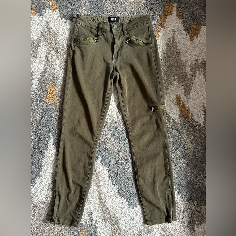 Paige olive green cropped skinny with zipper detail
